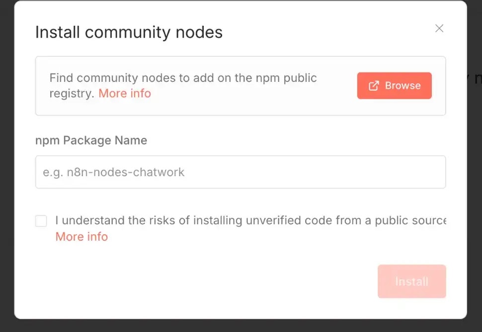εγκατάσταση πακέτου κοινότητας n8n μέσω GUI.